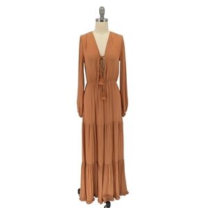 Forever 21 Plunging V Neck Maxi Chiffon Dress Tan XS/S bohemian coastal cowgirl